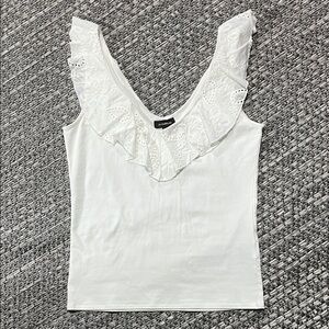 Le Chateau | White V Neck Tank Top With A Decorative Ruffled Eyelet Lace Collar